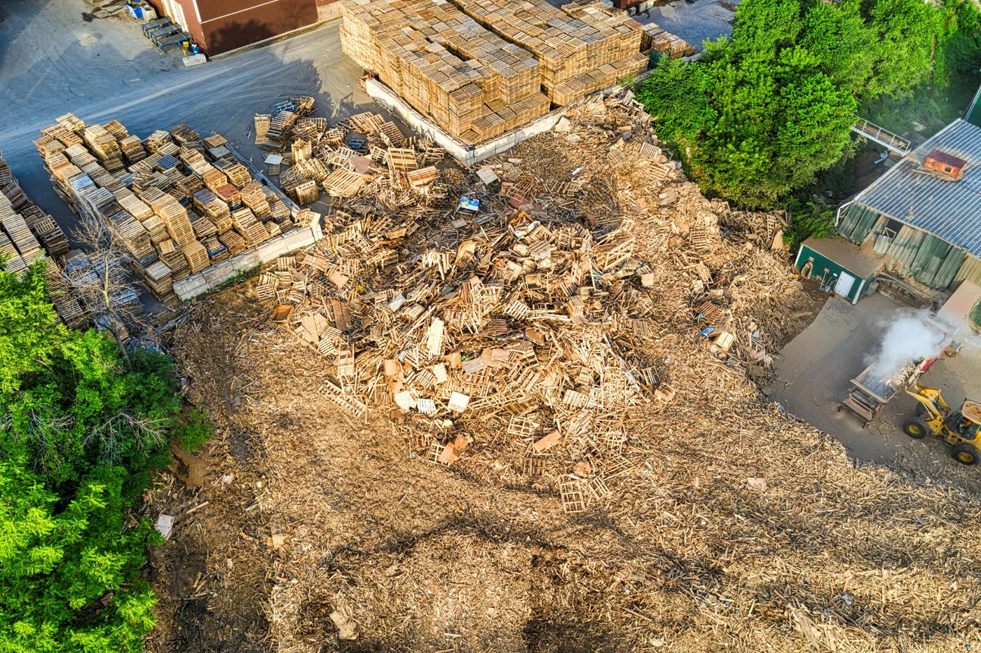Pátio de reciclagem de madeira e pallets